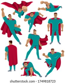 Set with cartoon superhero medical doctor or registered nurse, in different poses.