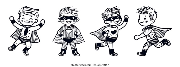 Set of cartoon superheroes characters in black costumes. Sketch style. Can be used for invitation cards and drawing poster, T-shirt Print and cartoon character.