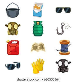 Set of cartoon survival game items: equipment
