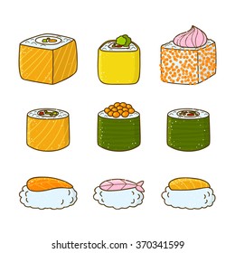 Set of cartoon sushi and rolls