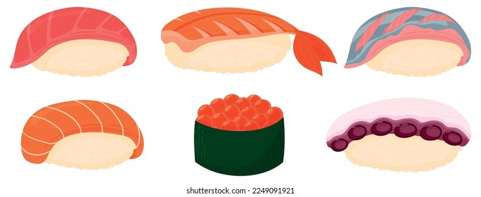 Set of cartoon sushi. Salmon, tuna, shrimp, octopus, iwashi, red caviar. Japanese cuisine, traditional food icons on white background