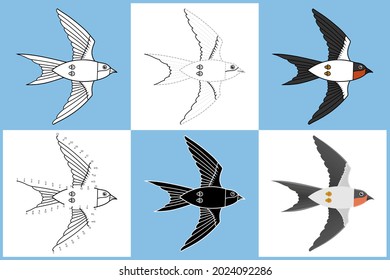 Conjunto de dibujos animados SWALLOW en 6 estilos, ilustración vectorial