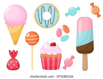 Set of cartoon sweets and candies. Icecream, cupcake, donut, lollipop, candy vector illustration