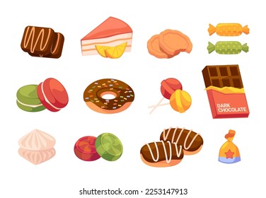 Set of Cartoon Sweets, Chocolate and Caramel. Isolated Confectionery Products, Sweet Candies, Toffee, Macaroons and Meringues, Slice of Cake and Cookies on White Background. Vector Illustration