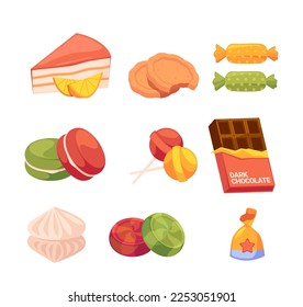 Set of Cartoon Sweets and Desserts. Slice of Cake, Cookie, Chocolate and Caramel. Macaroon, Lollipop, Choco Bar and Meringue Isolated on White Background. Sweet Confectionery Food. Vector Illustration