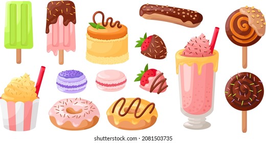 Conjunto de caricaturas dulces. Donut, helados, caramelos, pastelitos, galletas y dulces sobre vectores de palo ilustraciones aisladas 