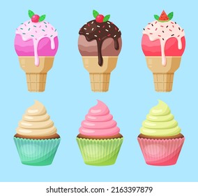set of cartoon sweets muffins and ice cream with cream, icing, sprinkles, chocolate in crispy faffle cup. Holiday desserts.