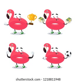 set of cartoon swimming float inflatable pink flamingo character mascot on white background