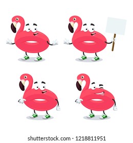 set of cartoon swimming float inflatable pink flamingo character mascot on white background