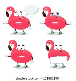 set of cartoon swimming float inflatable pink flamingo character mascot on white background