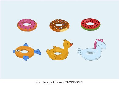 A set of cartoon swimming rings. Rubber toys for playing in the pool, cute watermelon, donuts, unicorn duck. Colorful lifebuoys. Vector illustration