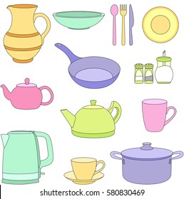 Set of cartoon tableware. Pot, pan, plate, cup, fork, spoon, knife, sugar, pepper, salt, kettle, teapot, jug