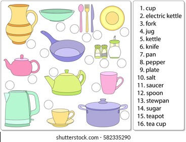 Set of cartoon tableware. Write the correct numbers of tableware names