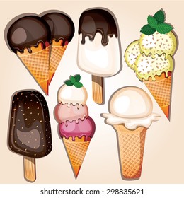 Set of cartoon tasty isolated ice cream. Vector illustration