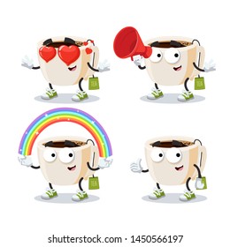 set of cartoon tea cup with tea bag character mascot on white background