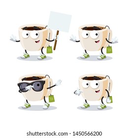 set of cartoon tea cup with tea bag character mascot on white background