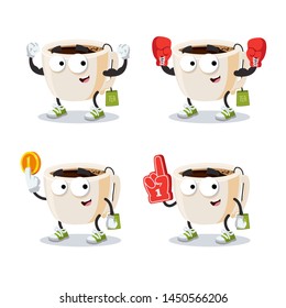 set of cartoon tea cup with tea bag character mascot on white background