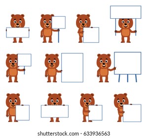 Set of cartoon teddy bear characters posing with various blank banners. Funny bear cub holding paper, poster, placard, pointing to whiteboard. Teach, advertise. Simple vector illustration
