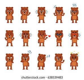 Set of cartoon teddy bear characters showing various emotions. Funny bear cub laughing, crying, dazed, sleeping, tired, angry, blowing kiss and showing other emotions. Flat style vector illustration