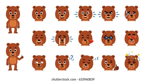 Set of cartoon teddy bear emoticons. Funny bear cub avatars showing diverse facial expressions. Happy, sad, smile, laugh, surprised, serious and other emotions. Flat style vector illustration