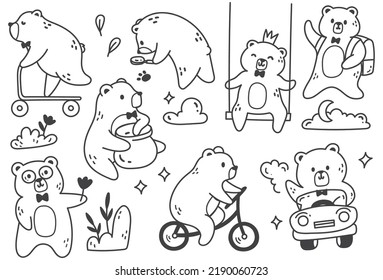 Juego de dibujos animados Poses de oso de peluche en ilustración de vectores de estilo doodle