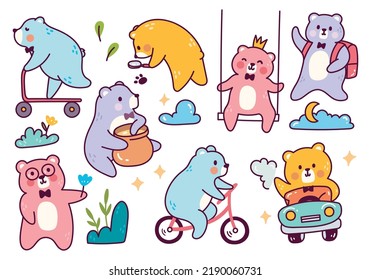 Set of Cartoon Teddy Bear Poses in Doodle Style Vector Illustration