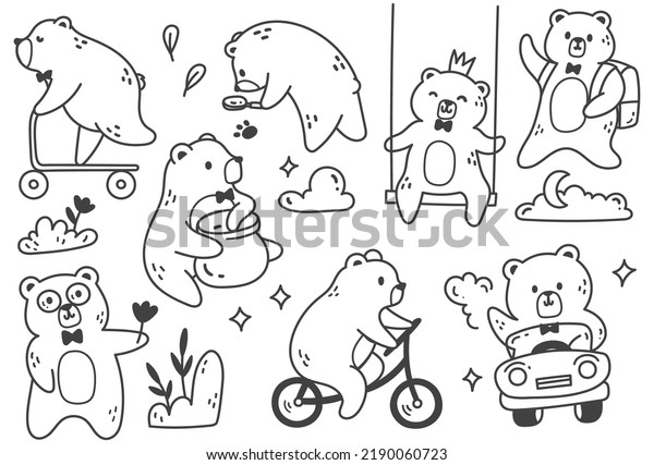 Set of Cartoon Teddy Bear Poses in Doodle\
Style Vector Illustration