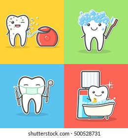 Set of cartoon teeth care and hygiene concepts. Floss, toothbrush, mouthwash, mirror, probe. Treatment, and hygiene. Healthy happy teeth vector illustration