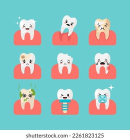 Set of Cartoon Teeth and gums. Kawaii faces. Vector illustration.