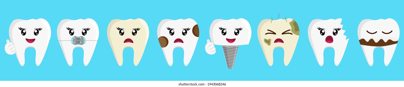 Set of cartoon teeth, healthy and with different dental problems, vector illustration.