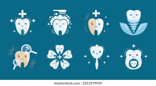 Juego de íconos de dientes de dibujos animados, símbolos dentales, personajes de dientes lindos en condición médica y tratamiento, odontología para niños y mujeres embarazadas, implante odontología, cura para dientes. Ilustración del vector