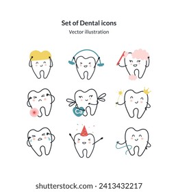 Set of cartoon teeth icons vector illustration. Dental outline icons. healthy teeth vector icons. Doodle Teeth fairies. Concept of medical cabinet, children dentistry.