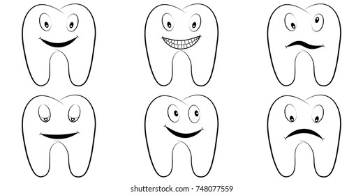 Set of cartoon teeth, the molars with the emotions on the face, tooth vector comic pop art style, smile, anger and fun, lnfographics chart, dental office