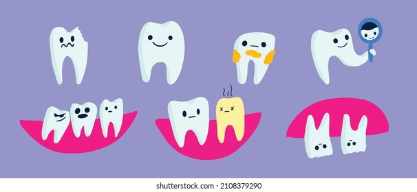 set of cartoon teeth. tartar, broken tooth, tooth looks in the mirror