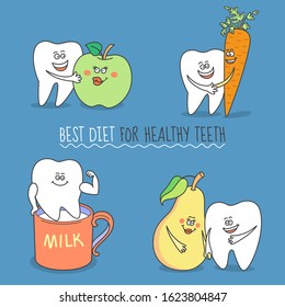 Set of cartoon teeth. Tooth with apple, carrot, milk, pear, fruits, dairy products. Best diet for healthy teeth.