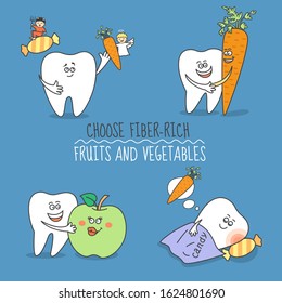 Set of cartoon teeth. Tooth with carrot, apple and sweet candy. Choose fiber-rich fruits and vegetables.