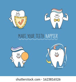 Set of cartoon teeth. Tooth with shield, arrows, toothpaste, mirror. Make your teeth happier.