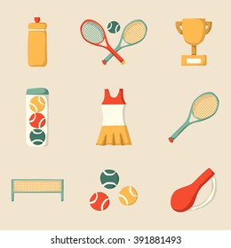 Set of cartoon tennis icon: court, tennis racket, cup bottle, ball. Tennis championship concept. Vector tennis icons for sports design. Outdoor sport activity concept. Tennis competition cartoon icons