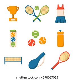 Set of cartoon tennis icon: court, tennis racket, cup bottle, ball. Tennis championship concept. Vector tennis icons for sports design. Outdoor sport activity concept. Tennis competition cartoon icons