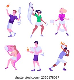 Set of cartoon tennis players with racket and ball. Burning rackets and balls, motion lines. Workout playing tennis vector isolated illustration. Sportive characters in sportsman uniform play tennis