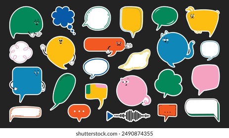 Set of cartoon text box stickers collection. Retro-style dialog box designs with faces, animal character elements, and doodles. Blank speech bubble balloon, thoughts, talks, quote. Vector illustration