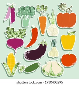 Set of cartoon textural vegetables stickers. Vector hand drawn illustration.
