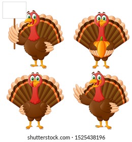 Set of Cartoon Thanksgiving Turkey Bird Mascot Character. Vector Illustration