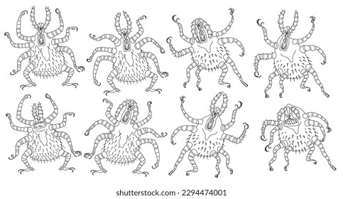 Set of cartoon ticks. Caricature outline drawing isolated on a white background