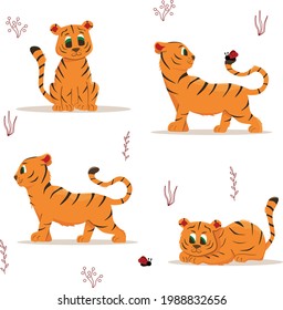 Set of cartoon tiger cub. Tiger cub on a white isolated background. Stock vector illustration.