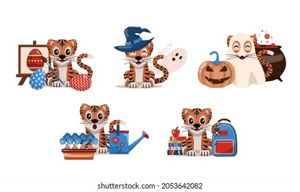 A set of cartoon tiger cubs. Vector illustrations for different holidays and events. Cute animals with school, holiday and lifestyle stuff