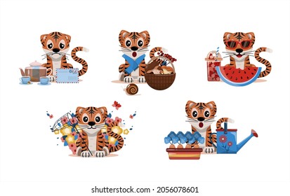 A set of cartoon tiger cubs. Vector illustrations for different holidays and events. Cute animals with school, holiday and lifestyle stuff