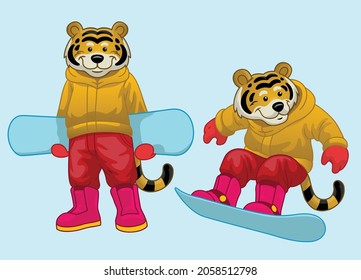 Set of Cartoon Tiger mascot riding snowboard