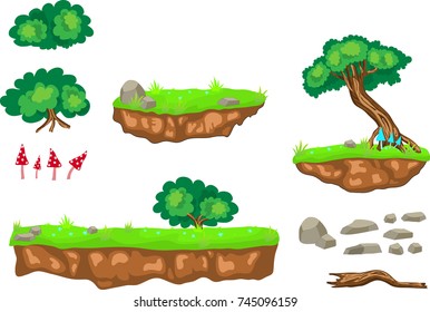 A set of cartoon tiles game platforms and trees, stones, bush and mushrooms 2d view
