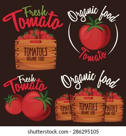 Set of cartoon tomatoes, boxes with tomatoes. Tomato logo .Organic eco food. Vector illustration